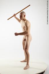 Nude Fighting with spear Man White Muscular Bald Realistic